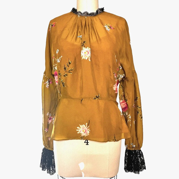 Joie Women's Silk Floral Gold Long Sleeve Peplum Blouse W/ Camisole Sz Small - Picture 1 of 11